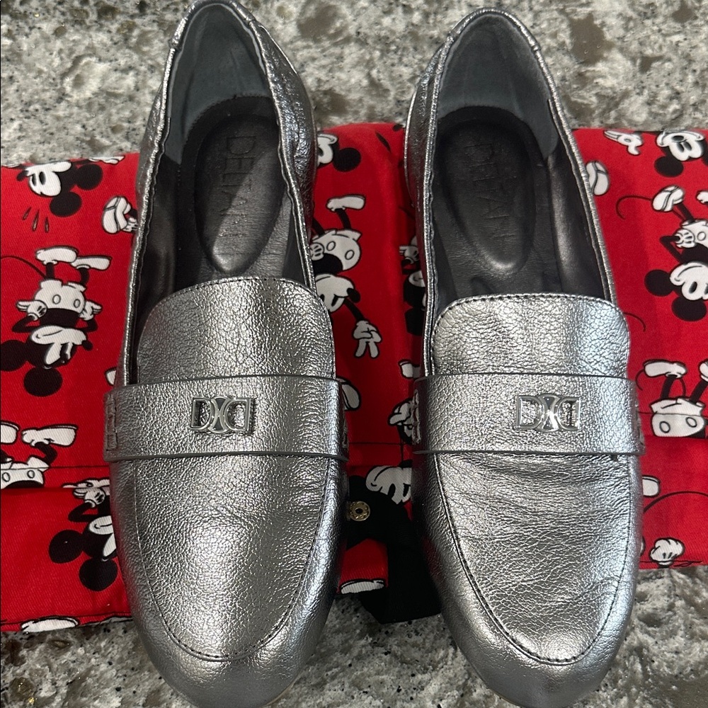 Metallic Silver Leather Penny Loafers with Logo Accent